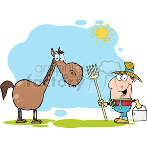 A humorous cartoon image featuring a cheerful farmer holding a pitchfork, standing next to a quirky-looking horse on a sunny day.