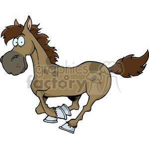 A humorous clipart image of a cartoon horse with a surprised expression, mid-trot, with exaggerated features and wearing horseshoes.
