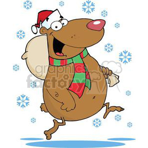 A cartoon reindeer wearing a Santa Claus hat and scarf, joyfully prancing with a sack, surrounded by snowflakes.