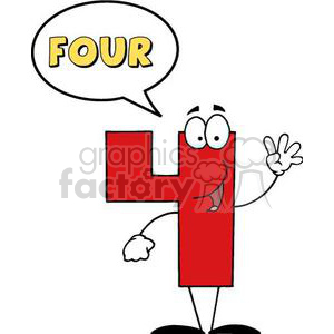 A humorous cartoon character in the shape of the number four, with a speech bubble saying 'FOUR', waving and smiling.