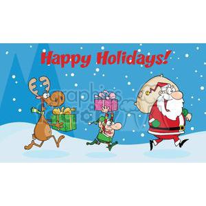 A humorous Christmas-themed clipart featuring Santa Claus, a reindeer, and an elf running with gifts in a snowy setting. The image is titled 'Happy Holidays!' with a festive, cartoon style.