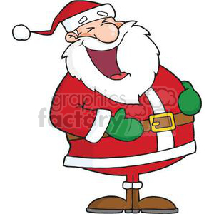 A cartoon image of Santa Claus laughing joyfully, wearing his traditional red suit and hat.