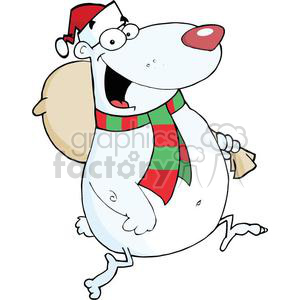 A cartoon polar bear wearing a Santa hat and a red and green scarf, carrying a sack, with a cheerful expression.