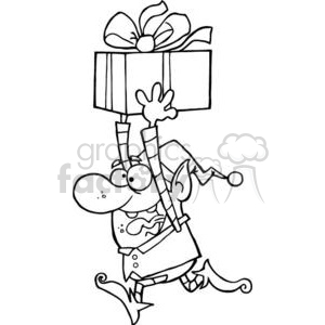 A cartoon elf wearing a Santa hat joyfully holding a large Christmas gift.