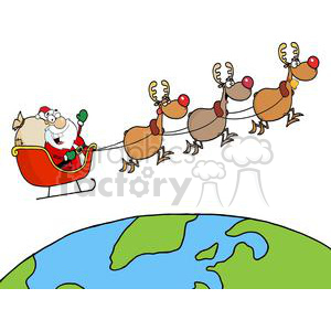 A humorous clipart image of Santa Claus waving and riding in a sleigh pulled by reindeer over the Earth.