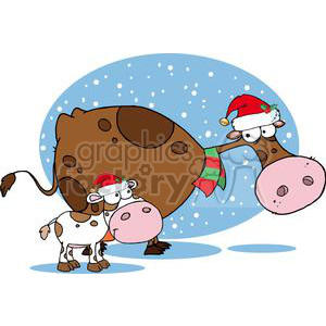 A humorous cartoon image of two cows wearing Santa hats in a snowy setting, celebrating Christmas.