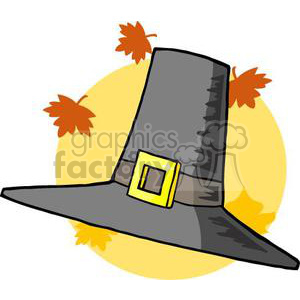 A clipart image featuring a black Pilgrim hat with a yellow buckle, surrounded by autumn leaves against a yellow circle backdrop.