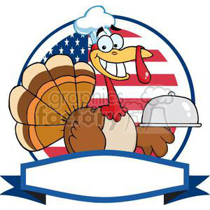 A cheerful cartoon turkey wearing a chef's hat, holding a silver serving platter, set against a background of the American flag. There is a blank ribbon banner below for customization.