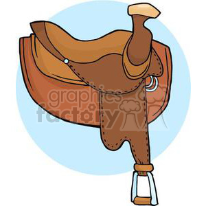 A clipart image of a brown leather saddle with detailed stitching and a stirrup, set against a light blue circular background.