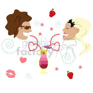 Clipart image of a man and a woman smiling at each other with a cocktail in between. The image includes romantic elements like hearts, strawberries, and lip icons.