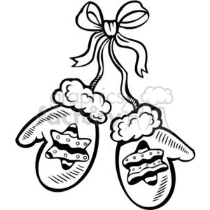 A black and white clipart image featuring a pair of mitten gloves adorned with small star-shaped decorations. The mittens are hanging together, tied with a ribbon bow at the top.