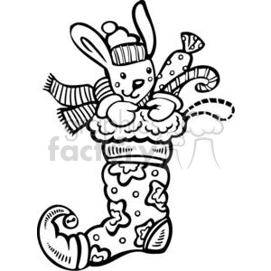 A black-and-white clipart image of a Christmas stocking filled with a bunny wearing a hat and scarf, and candy canes. The stocking has a decorative pattern.