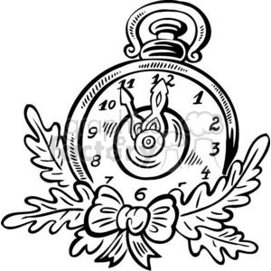 A black and white line drawing of a vintage pocket watch adorned with a ribbon and leaves, indicating a festive or celebratory theme.