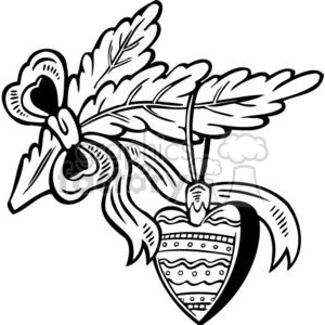 Black and white clipart image featuring holly leaves and berries with a decorative heart ornament tied with ribbons.