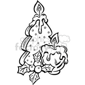 A black and white festive clipart image featuring a candle, a Christmas tree, and holly with berries.