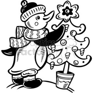 A cute and funny cartoon snowman in winter attire is decorating a small Christmas tree with ornaments.