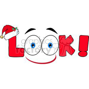 A whimsical clipart image featuring the word 'Look!' with cartoonish eyes and eyebrows. The letter 'L' is adorned with a Santa hat.