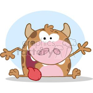 The image shows a cartoon of a funny cow character. The cow has a large, exaggerated expression with a surprised or goofy look, its tongue sticking out, and eyes wide open. The cow is sitting down with its limbs stretched out in a silly posture.