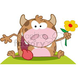 The image features a cartoon cow with a humorous expression. The cow is predominantly brown and white, with large, exaggerated features like a big pink snout and wide eyes. It appears to be sitting on a green surface, holding a yellow flower with a red center and a green stem. The cow's udder and one of its ears are also visible, adding to the comical appearance.