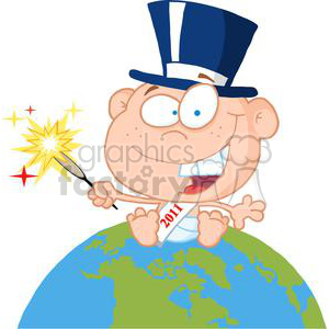 A cartoon baby wearing a 2011 sash and a blue top hat, sitting on a globe and holding a sparkling wand, celebrating New Year's Eve.