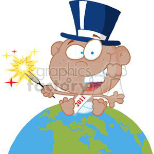 A cartoon baby wearing a sash with the year 2011, sitting on a globe and holding a sparkler, symbolizing New Year's Eve celebrations.