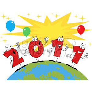 Colorful and humorous clipart of the year 2011 depicted with cartoon numbers celebrating New Year's Eve, with balloons and stars in the background.