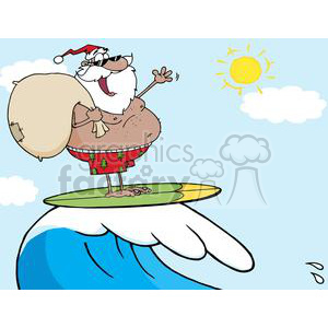 A funny clipart of Santa Claus surfing on a large ocean wave. Santa is wearing red Christmas-themed shorts and sunglasses, with a sack over his shoulder, enjoying a sunny day.