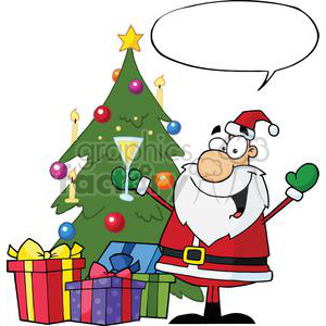 A humorous Christmas clipart with Santa Claus holding a champagne glass, standing next to a decorated Christmas tree and presents.