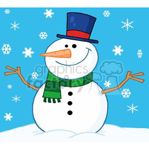 A cheerful snowman wearing a blue top hat and green scarf, with snowflakes in the background.