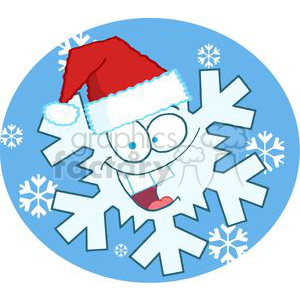 A funny cartoon snowflake wearing a Santa Claus hat, with a happy expression, surrounded by smaller snowflakes on a blue background.