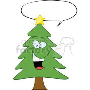 A humorous cartoon Christmas tree with a smiling face and a blank speech bubble above.