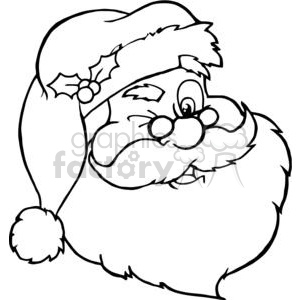 Outline of Santa Claus's head with a playful expression, wearing a Santa hat adorned with holly.