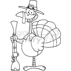 A humorous cartoon turkey dressed as a pilgrim, holding a musket, typically associated with Thanksgiving.