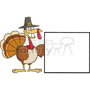 A cartoon turkey wearing a pilgrim hat, standing next to a blank sign.