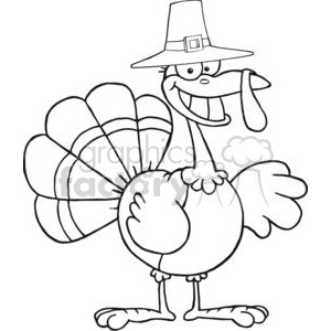 A humorous cartoon turkey wearing a pilgrim hat, symbolizing Thanksgiving celebrations.