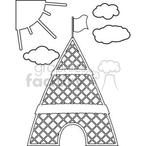 The clipart image features a stylized representation of the Eiffel Tower, with a flag at its peak, against a backdrop of clouds and a portion of the sun peeking in from the corner.
