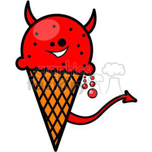 A funny and whimsical clipart of a red ice cream cone with devil horns and a tail, featuring a smiling face.