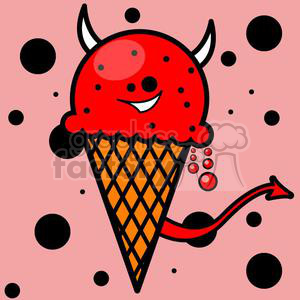 A playful and humorous clipart image of an ice cream cone with devilish features, including horns and a tail, set against a spotted background.