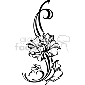 A black and white clipart image featuring an ornate floral design. The design includes a central flower with flowing, swirling lines and leaves extending outward.