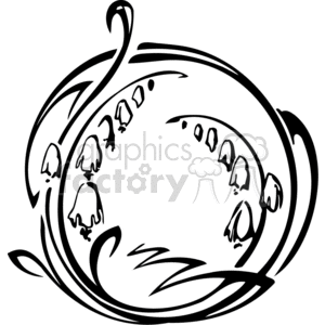 A black and white abstract clipart image featuring stylized bell-shaped flowers, possibly resembling lilies of the valley, arranged in a circular decorative pattern with swirling lines and leaves.