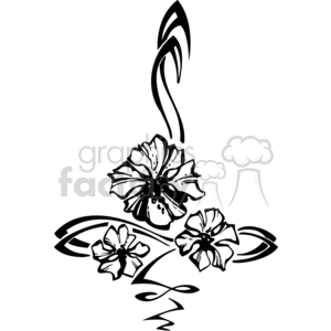 A black and white clipart image of three stylized flowers with intricate line work and curved abstract shapes.