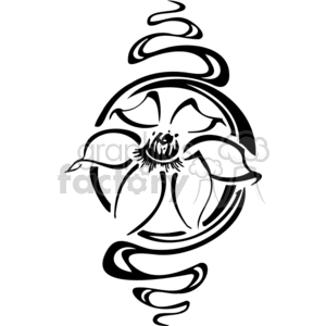 A stylized black and white clipart image of a flower with swirling lines surrounding it.