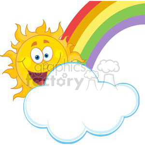 4045-Happy-Sun-Mascot-Cartoon-Character-Hiding-Behind-Cloud-And-Rainbow