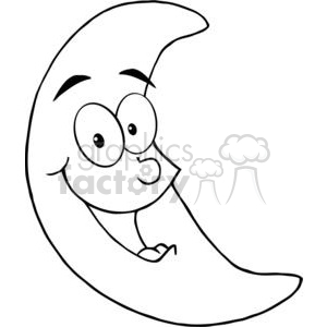 A black and white clipart image of a crescent moon with a smiling face and expressive eyes.