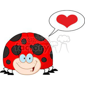 A smiling cartoon ladybug with black spots on its red body, highlighted by its large, expressive eyes. The ladybug is depicted as saying 'I love you' through a speech bubble containing a red heart.