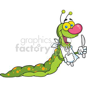 The clipart image depicts a whimsical cartoon worm with a large, smiling face, and a big, rounded nose. The worm is green with yellow and orange spots along its body. It has a playful expression and is anthropomorphized with two large, googly eyes on stalks, and human-like features such as hands and a mouth. The worm is wearing a white bib tied around its neck and is eagerly holding a knife and fork, giving the impression that it is hungry and ready to eat.