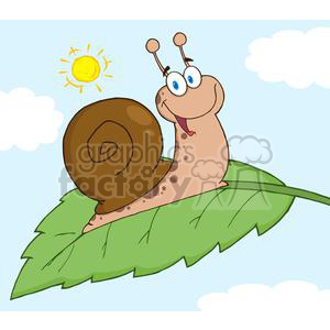 The image depicts a cute cartoon snail with a brown shell, sitting on a green leaf. The snail has large blue eyes and seems to be smiling, with its tongue playfully sticking out, creating a funny and happy expression. The background suggests a sunny day with a bright yellow sun and a single white cloud in a light blue sky.