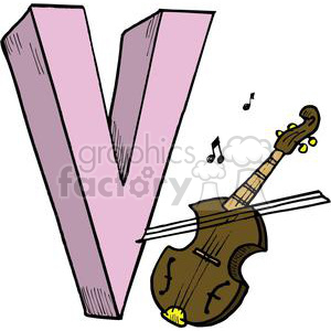 Clipart image of a large pink letter 'V' with a brown violin and musical notes.