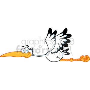 A cheerful cartoon stork with a long orange beak and expressive eyes, flying with its black and white wings spread out.