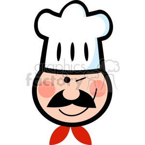 The clipart image depicts a cartoon chef with a humorous expression winking while wearing a tall white chef hat and a white apron. The image is in vector format, making it suitable for use in various sizes and applications such as logos or mascots. It can be used to represent chefs, cooking, dinner, food, restaurants, or related themes.
